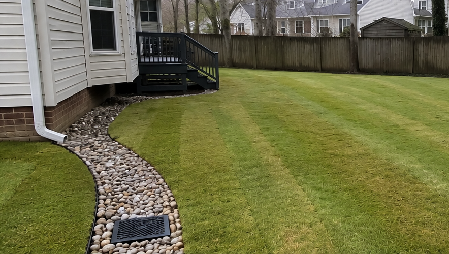 Before French drain installation with standing water in a yard